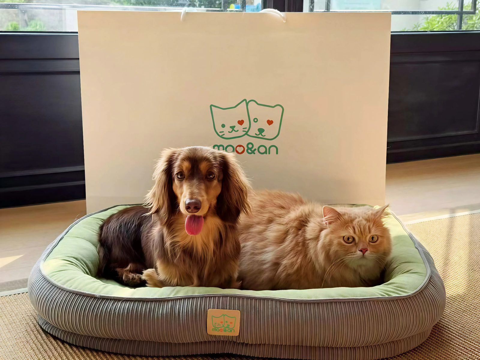 长毛腊肠犬与布偶猫一同趴在毛安安智能窝垫上